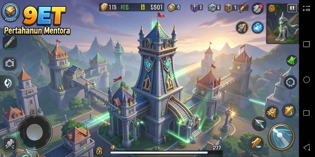 Tangkapan layar gameplay menampilkan berbagai menara dalam aksi melawan musuh.