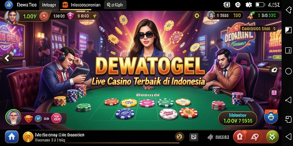 Screenshot gameplay DEWATOGEL menampilkan dealer langsung dan suasana kasino yang nyata.