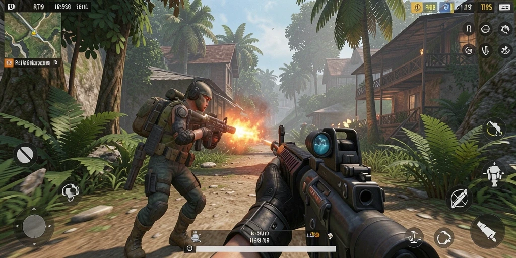 Screenshot gameplay RT99 dengan tindakan menegangkan dan grafis menawan.