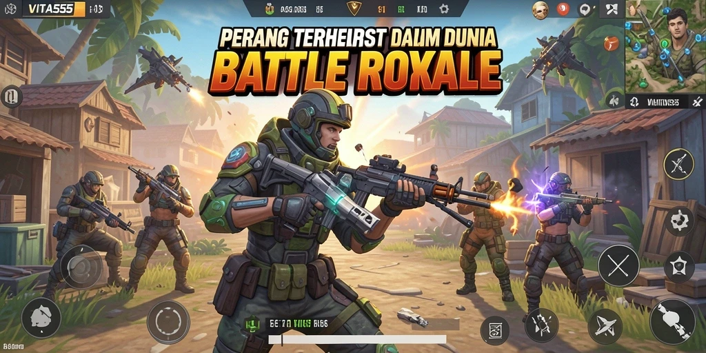 Screenshot gameplay VITA555 menampilkan aksi pertempuran seru Battle Royale.